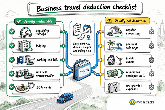 Business travel deduction checklist showing costs that usually qualify and costs that usually do not qualify