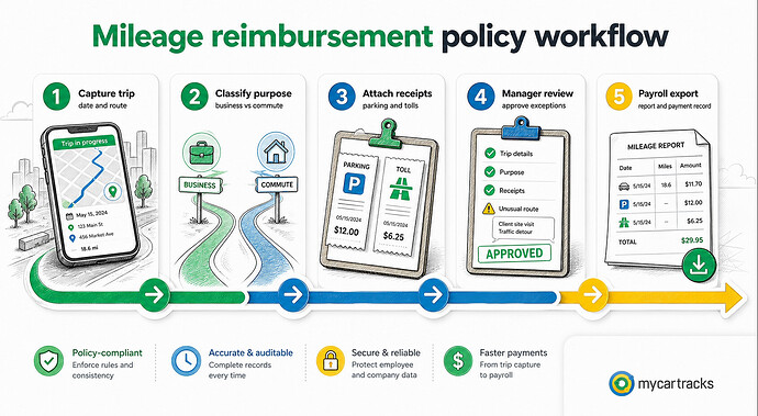 Mileage reimbursement policy workflow from trip capture to payroll export