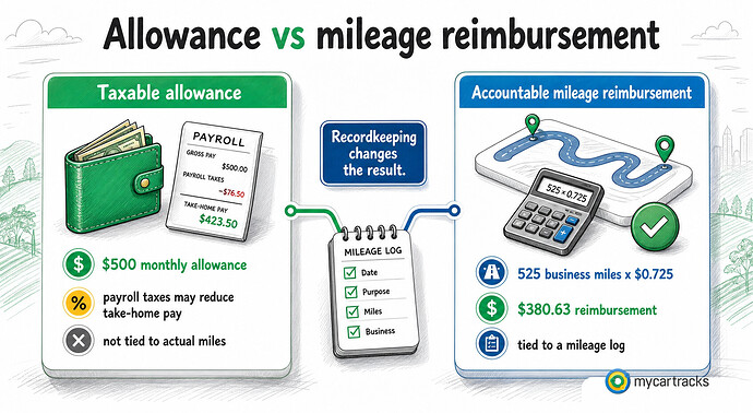 Car allowance tax impact compared with accountable mileage reimbursement