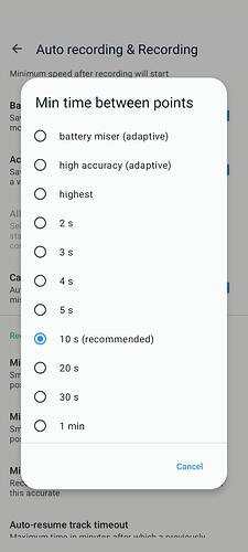 Android setting: minimum time between points
