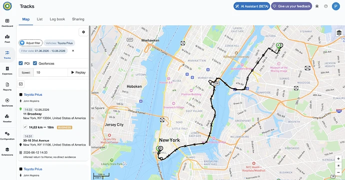 Reconstructed Toyota Prius route on the MyCarTracks map with the vehicle filter applied