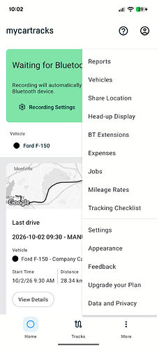 MyCarTracks More menu in light mode, with Appearance below Settings