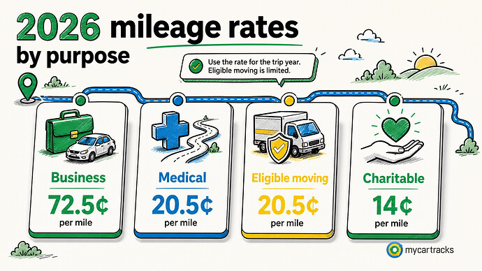 2026 mileage rates by purpose for business, medical, eligible moving, and charitable miles