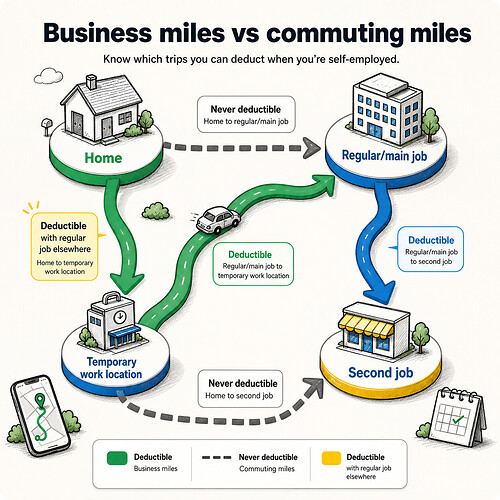 Business miles vs commuting miles route decision map for self-employed mileage deductions