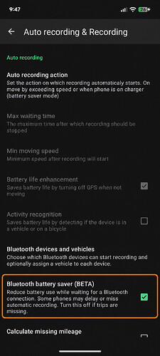 Auto recording and Recording settings with an orange outline highlighting the Bluetooth battery saver BETA row and its enabled checkbox