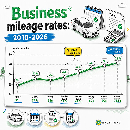 Business mileage rates from 2010 to 2026 with IRS split-rate highlights
