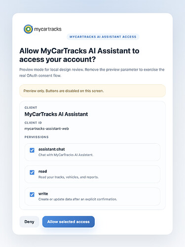 MyCarTracks AI Assistant account access screen