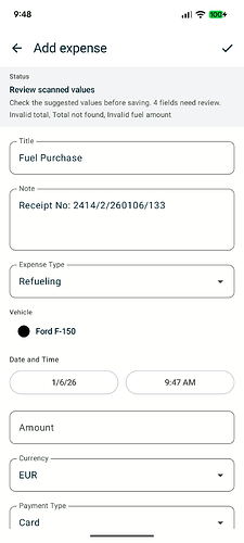 Add expense screen showing scanned values that need review and an empty amount field