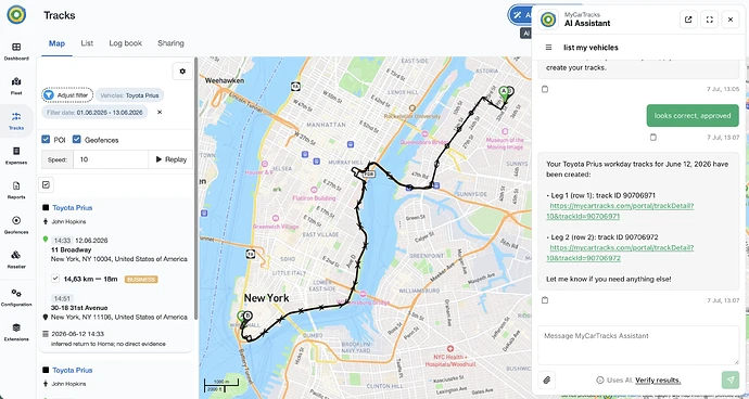 MyCarTracks AI Assistant confirming approved Toyota Prius workday tracks were created
