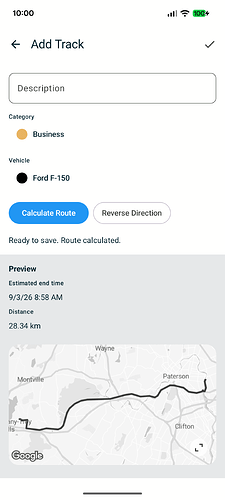 Calculated route preview showing an estimated end time of 8:58 AM, a distance of 28.34 km, the route map, and the save checkmark