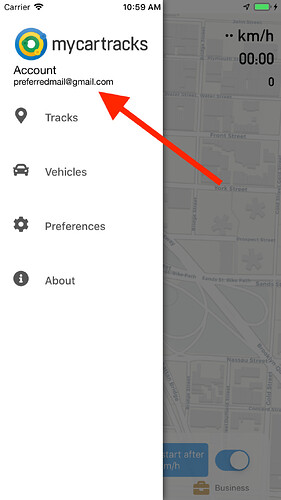 MyCarTracks iOs account in menu