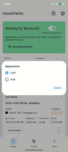 Appearance dialog with Light selected and Dark available underneath