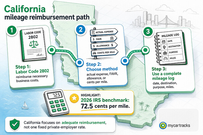 California mileage reimbursement path covering Labor Code 2802, methods, logs, and the 2026 IRS benchmark