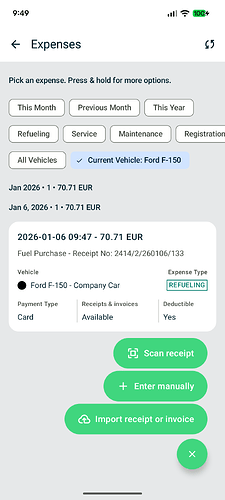 Expenses list with vehicle and expense filters, a saved fuel purchase, and scan, manual entry, and import actions