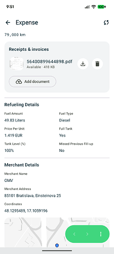 Saved expense showing an available PDF receipt, refueling details, and merchant information