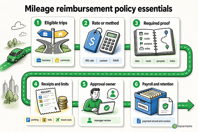 Mileage reimbursement policy essentials for eligible trips, proof, approval, and retention