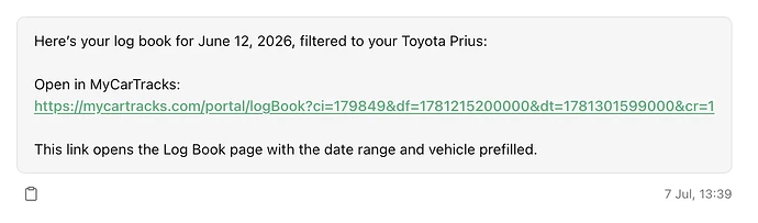 AI Assistant message linking to the prefiltered Toyota Prius Log Book for June 12, 2026
