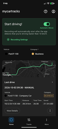 MyCarTracks Home screen in dark mode, showing recording controls, vehicle and category, and the last-drive card