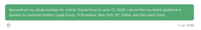 AI Assistant prompt asking MyCarTracks to reconstruct a Toyota Prius workday from Queens to Hudson Legal Group