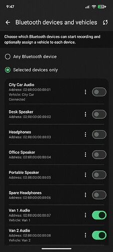 Bluetooth devices and vehicles screen with fictional device names and addresses, showing Van 1 Audio and Van 2 Audio enabled and assigned to their matching vehicles