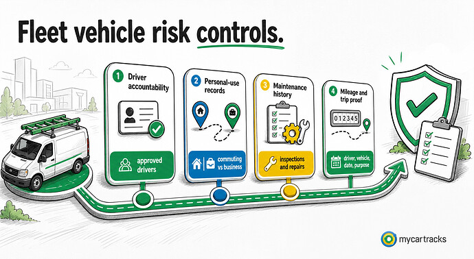 Fleet vehicle risk controls for drivers, personal use, maintenance, and mileage proof