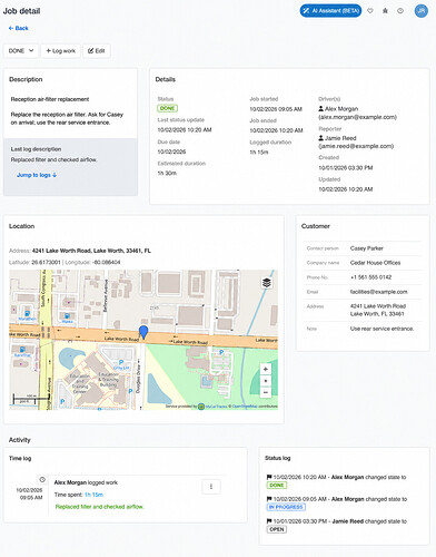 Job detail showing a completed air-filter replacement, customer, location and activity logs