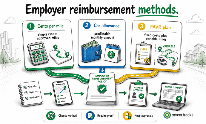 Employer mileage reimbursement methods including cents per mile, car allowance, and FAVR