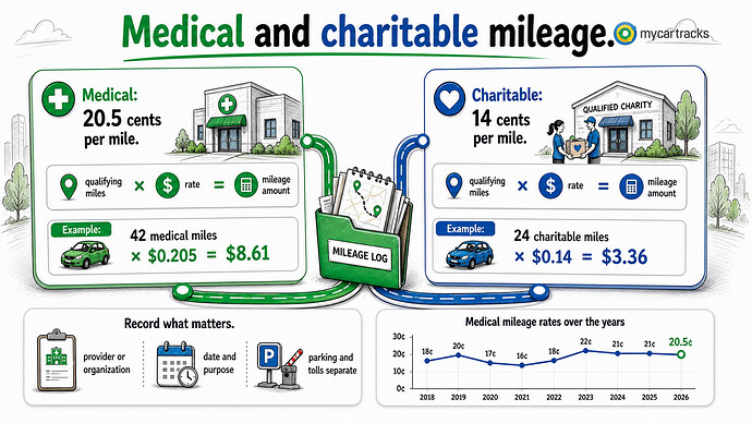 Medical and charitable mileage rates with formulas and recordkeeping fields