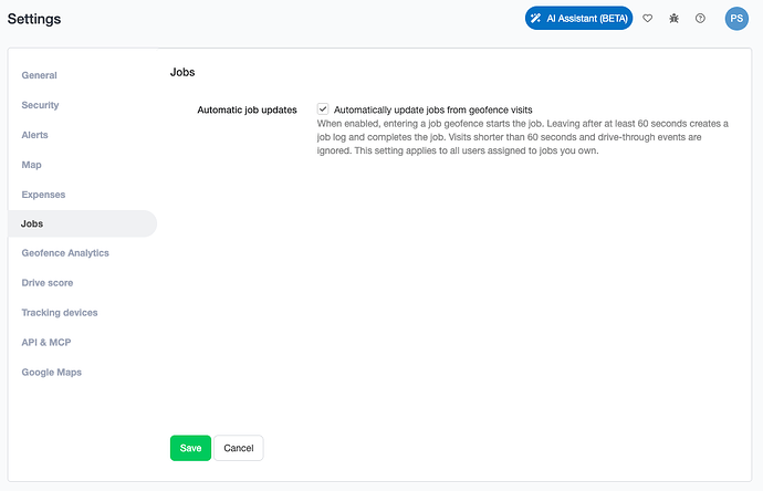 Web Settings Jobs section with automatic job updates enabled