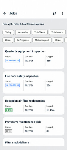 Android Jobs list with sample inspections and maintenance jobs