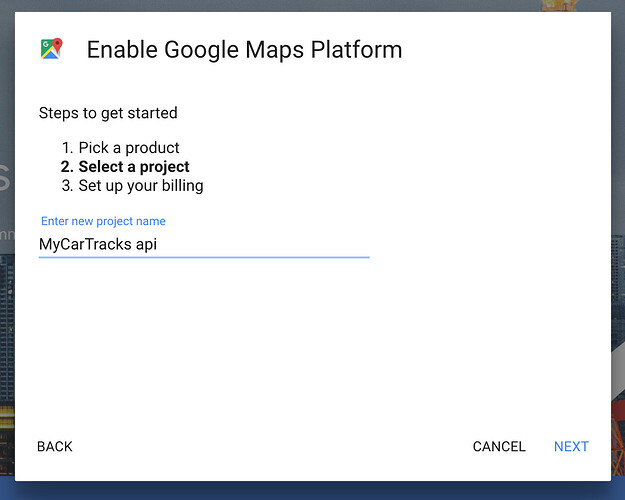 Google Maps enter project name - MyCarTracks