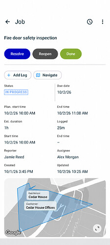 Android fire door inspection detail with status actions, Add Log, Navigate and job area