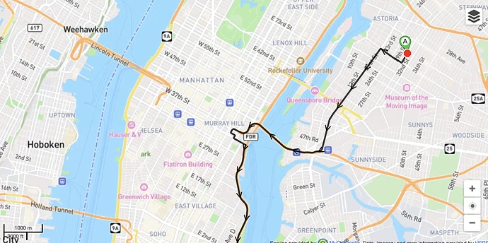 Detailed map segment showing the reconstructed Toyota Prius route between Astoria and Manhattan