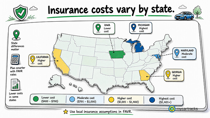 Average car insurance costs by state for FAVR planning