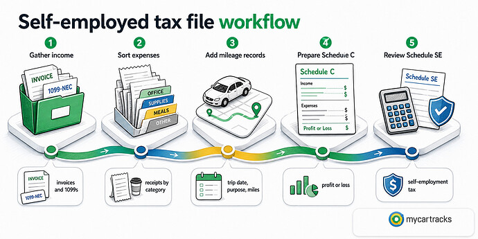 Self-employed tax file workflow from income records to Schedule C and Schedule SE