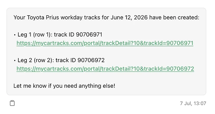 AI Assistant response with created Toyota Prius track IDs and links