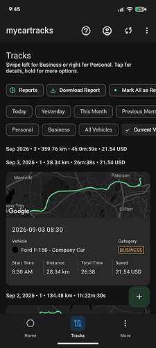 MyCarTracks Tracks screen in dark mode, showing date and vehicle filters, a route preview, and a Business trip card