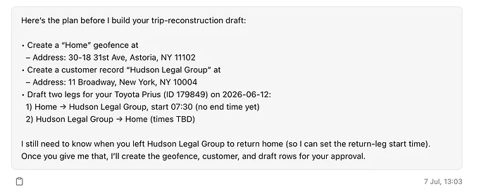 AI Assistant plan for creating the home geofence, customer record, and draft Toyota Prius trip legs