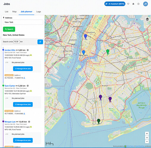 Job planner showing an address search and nearby drivers in New York