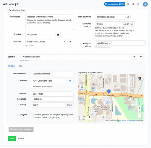 Add new job form with task, customer, driver, schedule and location filled in