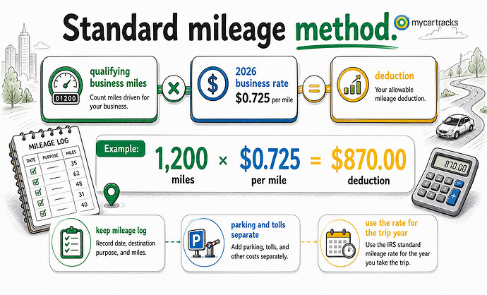 Standard mileage method calculation using qualifying business miles and the 2026 business rate