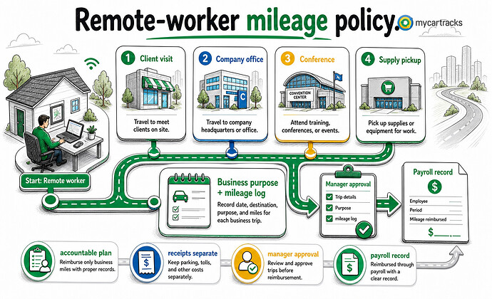 Remote-worker mileage policy covering client visits, company office trips, conferences, and approvals