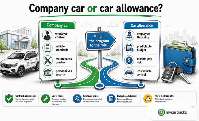 Decision guide comparing car allowance and company car programs by role fit, control, tax, and records