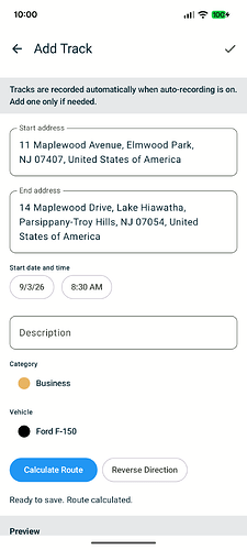 Add Track form with start and end addresses, start date and time, description, Business category, and Ford F-150 selected