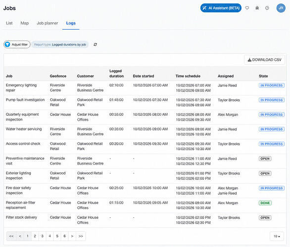 Jobs Logs report showing logged durations by job and the Download CSV button