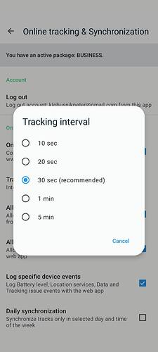 Android setting: online tracking interval