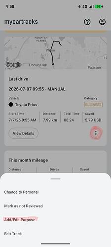 Add/Edit Purpose from the Last drive card